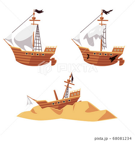 Pirate ship wreck set - new and old boat with black flag, shipwreck parts Pirate ship wreck set - new and old boat with black flag, shipwreck parts 68081234