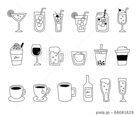 飲み物の手書きイラストのセット ジュース ワイン コーヒー カクテル おしゃれのイラスト素材