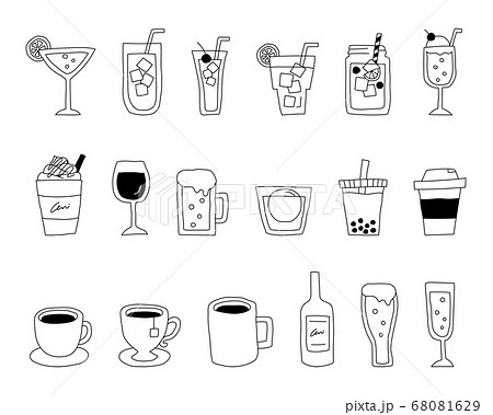 飲み物の手書きイラストのセット ジュース ワイン コーヒー カクテル おしゃれのイラスト素材 68081629 Pixta