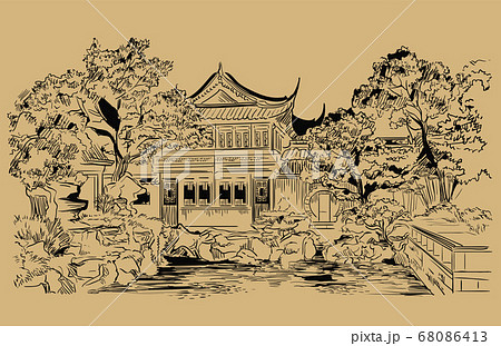 Beige China hand drawing landmark 9 68086413