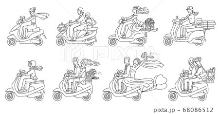 Cartoon people riding scooters - flat colorless set of couples and others Cartoon people riding scooters - flat colorless set of couples and others 68086512
