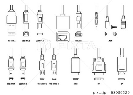 USB, HDMI, ethernet and other cable and port icon set with plugs 68086529