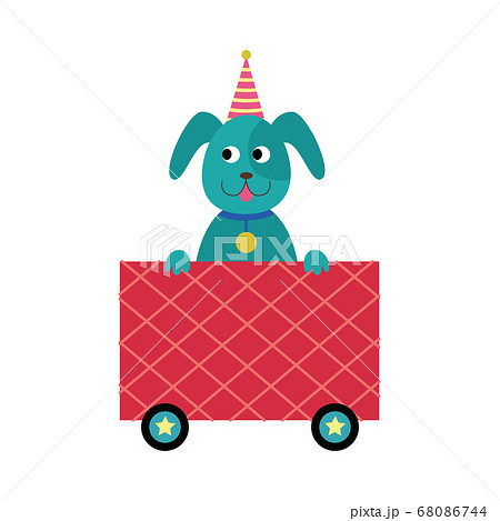 Dog in birthday hat in children railway carriage, vector illustration isolated. 68086744
