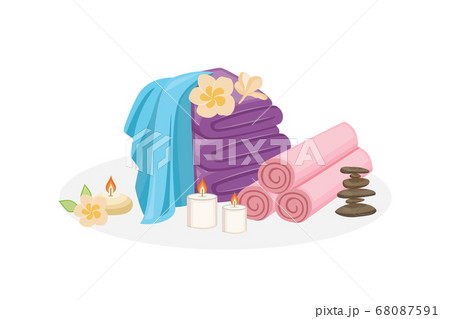 SPA and relaxation bath objects - fresh towel stack with candles, flowers SPA and relaxation bath objects - fresh towel stack with candles, flowers 68087591