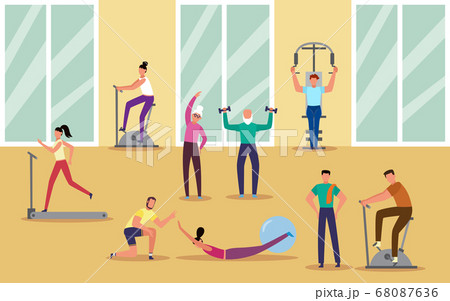 People at fitness center by supervising of personal coach, vector illustration. 68087636