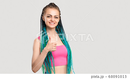 woman blue braids like sign colorful hair thumb up 68091013