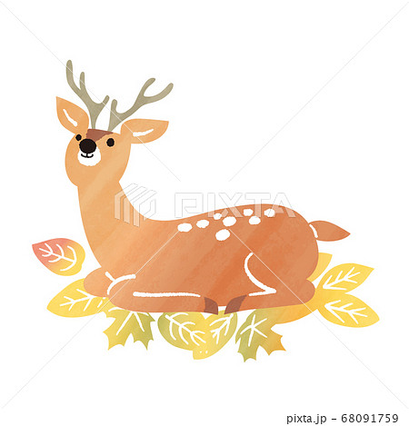 秋 鹿と落ち葉 水彩風のイラスト素材
