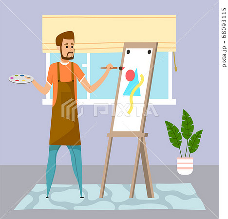 Artist holding palette drawing abstract picture at easel, creative quarantine isolation at home 68093115