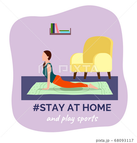 Stay at home and play sports, woman making fitness exercisess, start new life, quarantine isolation 68093117