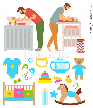 Father Washing Kid and Changing Diapers Vector 68094077