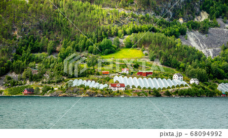 Norwegian agricultural farm with greenhouses on Norwegian agricultural farm with greenhouses on 68094992