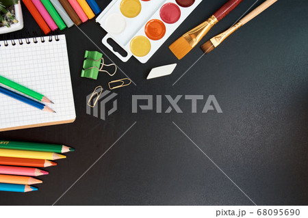 Stationery set on black background. School Stationery set on black background. School 68095690