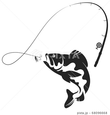 Jumping fish and fishing rod silhouette - Stock Illustration