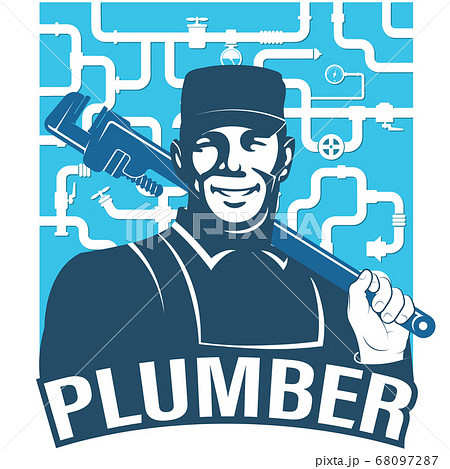 Plumber with wrench and water pipes 68097287