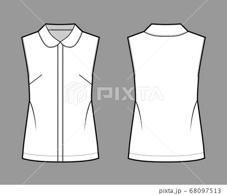 Blouse technical fashion illustration with round collar, sleeveless, loose silhouette, front button fastenings. 68097513