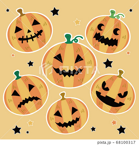 ハロウィン かぼちゃ おばけ 顔 手描きタッチ イラストセットのイラスト素材