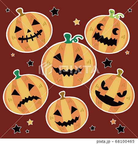 ハロウィン かぼちゃ おばけ 顔 手描きタッチ イラストセットのイラスト素材