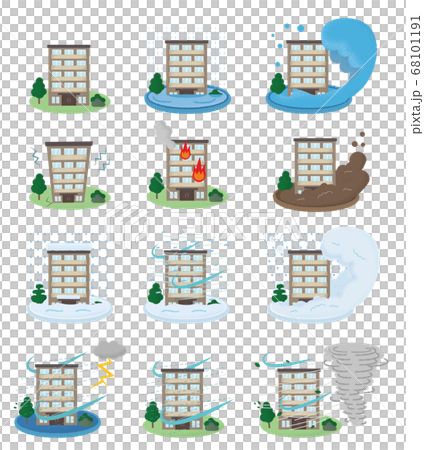 災害に遭うマンションのベクターイラストセット 68101191