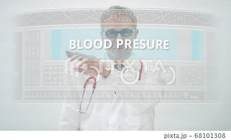 BLOOD PRESURE tab is scrolled by a doctor on a modern display 68101308