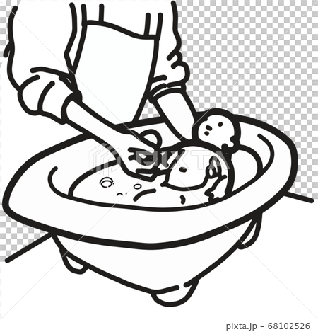 沐浴している赤ちゃんの風景のモノクロイラストのイラスト素材