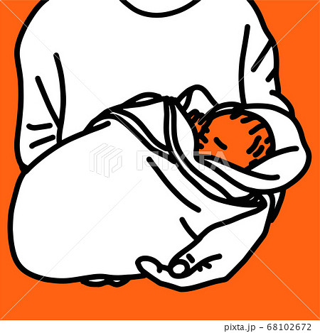 オレンジ背景-おくるみに巻かれて抱っこされている新生児のイラスト オレンジ背景-おくるみに巻かれて抱っこされている新生児のイラスト 68102672