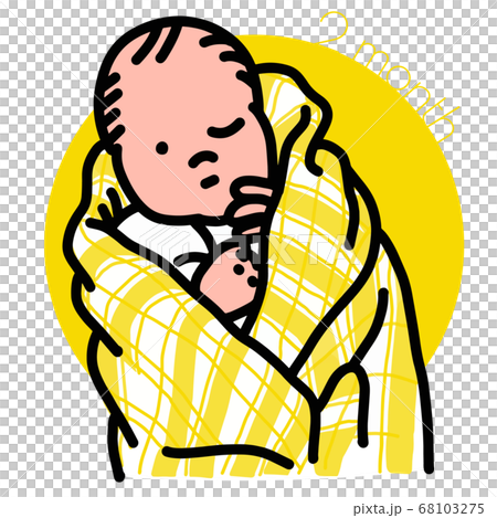 3month 黄色いチェックのスワドルに巻かれているウインクしている赤ちゃんのイラストのイラスト素材