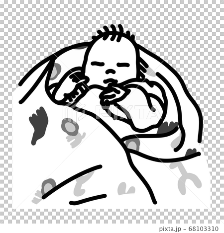 柄付きのスワドル おくるみに巻かれて寝ている赤ちゃんのモノクロイラストのイラスト素材