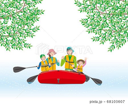 ゴムボートで川下りを愉しむ4人家族のイラスト素材