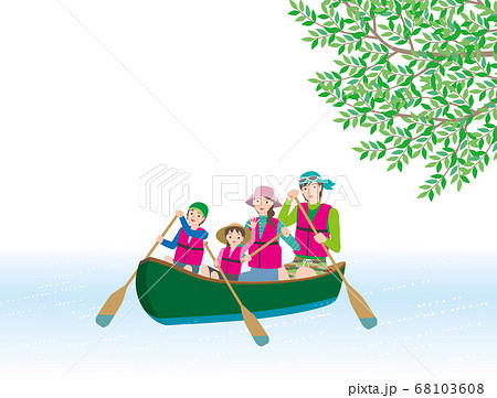 カヌーで川下りを愉しむ4人家族のイラスト素材