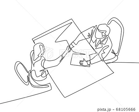 Continuous line drawing of young manager handshake his female worker to congratulate her dealing a project. Business agreement concept 68105666