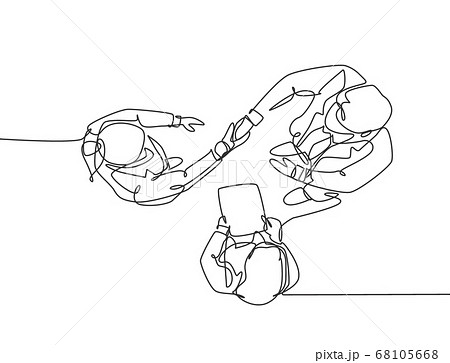 Continuous line drawing of manager handshake his employee to congratulate their promotion 68105668