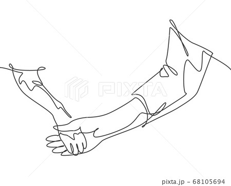 One line drawing of human hand holding dog leg with full of love. Friendship with pet animal concept One line drawing of human hand holding dog leg with full of love. Friendship with pet animal concept 68105694