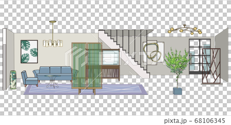 二階建ての家の玄関からリビング 内装のイラスト素材