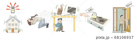 自宅で地震になった際の行動基本パターン4種のイラスト素材