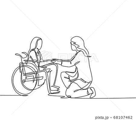 One line drawing of young doctor visiting and handshaking the old patient with wheelchair in hospital 68107462