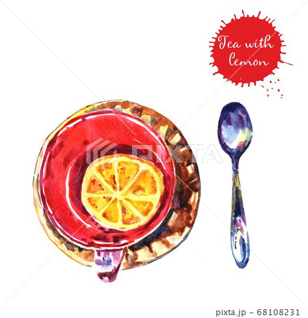 Watercolor cups of tea with lemon 68108231