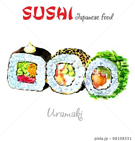 Overhead japanese sushi food. Maki ands rolls with tuna, salmon, shrimp, crab and avocado. Top view of assorted sushi, all you can eat menu.  68108331