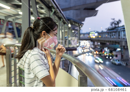 Sick asian child girl have a coughing,fever and sore throat,risk of infection of Coronavirus or Covid-19 outbreak,flu and cold or problems of respiratory system,smog,fine dust,air pollution,PM2.5 68108461