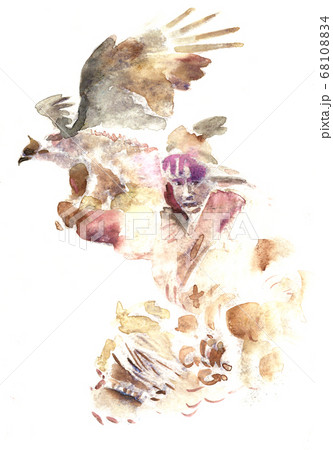 Hunter with a golden eagle. Drawing watercolor. Hunter with a golden eagle. Drawing watercolor. 68108834