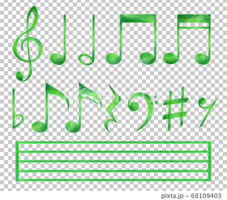 色鉛筆の手描き音符セット 緑 のイラスト素材
