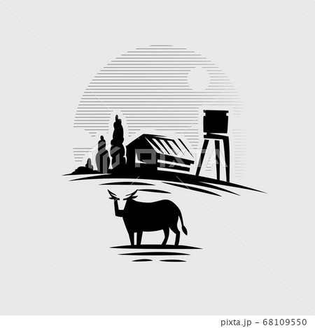 Cow on the background of the village. Cow on the background of the village. 68109550