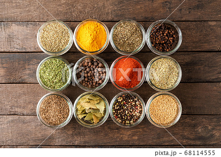 Various kinds of spices in bowls. Big collection. Top view 68114555