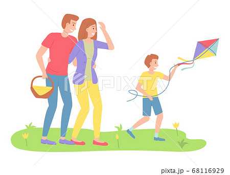 Family outdoor recreational activities, parents looking at son with flying kite, recreation time Family outdoor recreational activities, parents looking at son with flying kite, recreation time 68116929