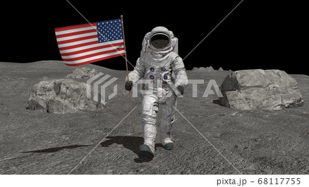 Astronaut walking on the moon with American flag. 68117755