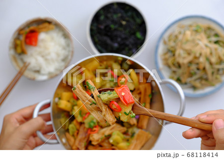 Vietnamese vegan food for vegetarian, tofu skin, pine apple and bitter melon cook with sauce 68118414