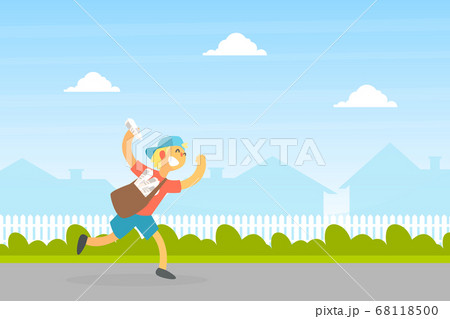 Smiling Boy Courier with Mailbag Delivering Newspapers, Courier Running on Summer Landscape Vector Illustration Smiling Boy Courier with Mailbag Delivering Newspapers, Courier Running on Summer Landscape Vector Illustration 68118500