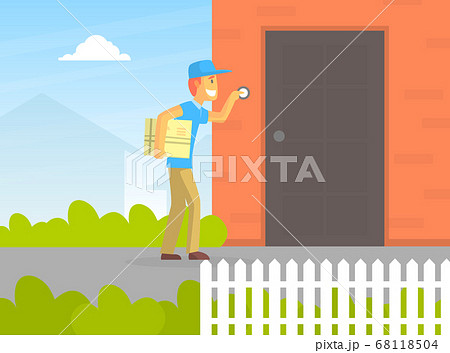 Postman or Courier Delivering Parcel, Deliveryman Ringing Door of House Vector Illustration Postman or Courier Delivering Parcel, Deliveryman Ringing Door of House Vector Illustration 68118504