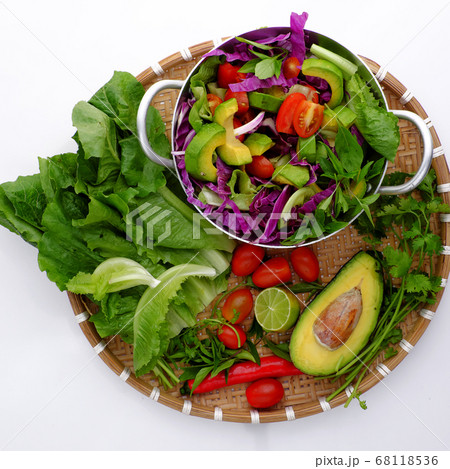 colorful raw materials for mixed vegetable, avocado salad, homemade diet food for weight loss  68118536