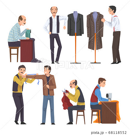 Male Dressmaker Creating and Sewing Clothes Set, Clothing Designer Tailor Working at Atelier Vector Illustration 68118552