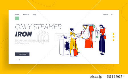 Laundry Staff Steam Garment on Hanger at Public Laundrette Landing Page Template. Female Character Use Steamer Iron 68119024